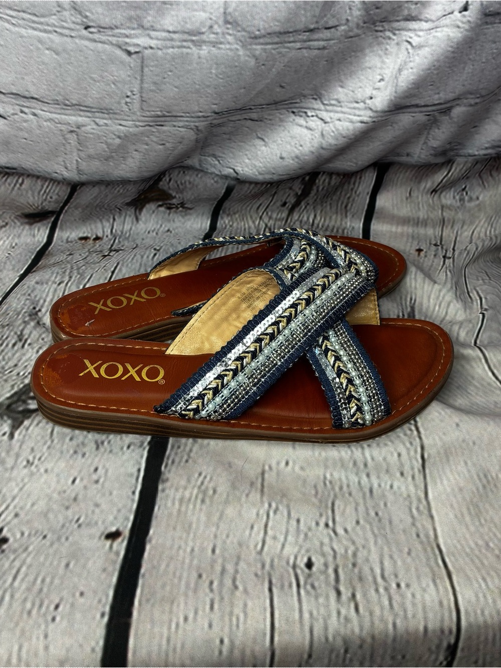 Women’s Blue Cream Braided Beaded Gypsycore Boho Chic‎ Strappy Slide Sandals 6.5